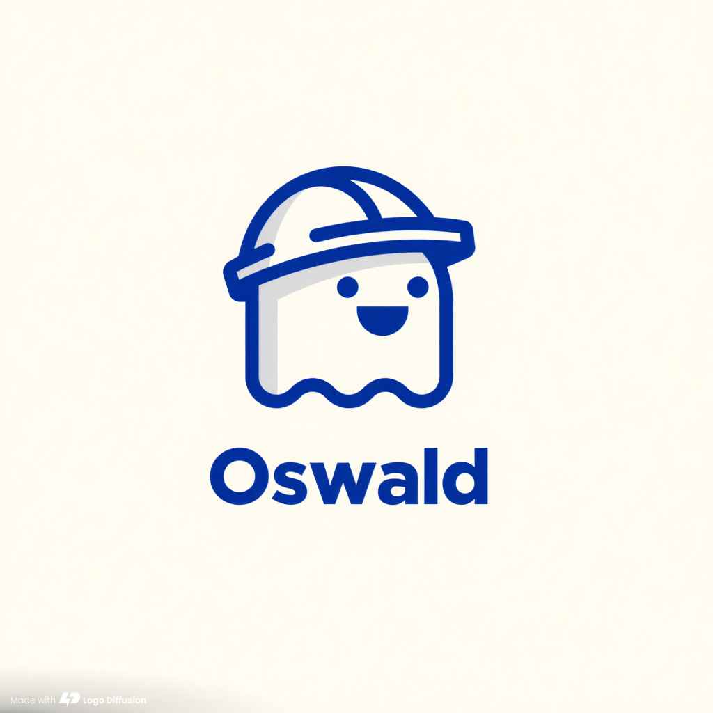 Blue line-art ghost wearing a hard hat and smiling, above the name Oswald in rounded letters