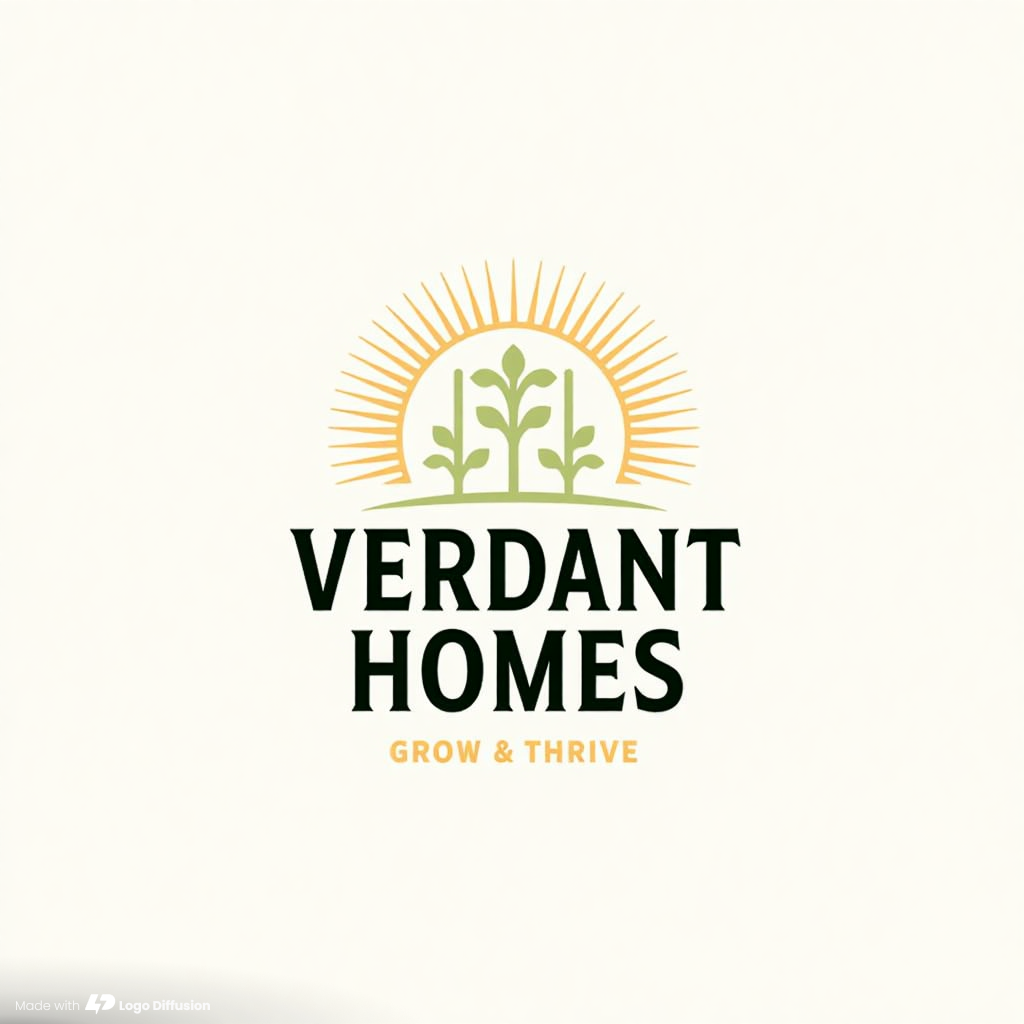 Three green seedlings inside a yellow ochre sunburst above the name Verdant Homes and the tagline Grow and Thrive