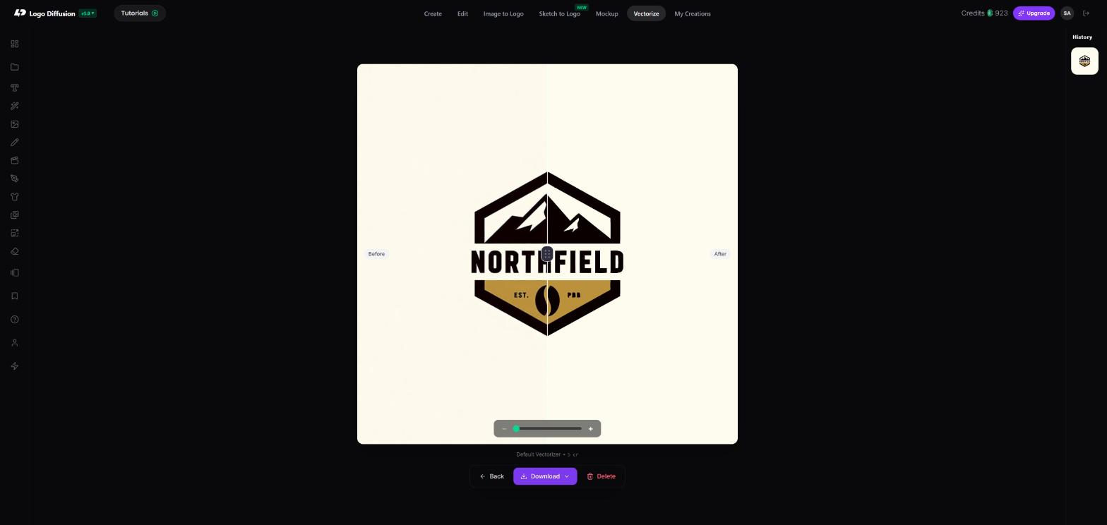 The Northfield coffee badge on the Logo Diffusion Vectorize page, a black hexagon with mountains, the word NORTHFIELD and a gold band with a coffee bean, split by a before and after slider, with Default Vectorizer 5 credits shown below