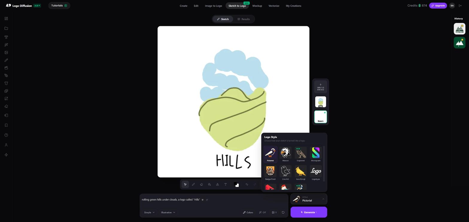 Sketch to Logo page with a rough marker sketch of green hills and a cloud uploaded, the word HILLS under it, and the Pictorial style selected