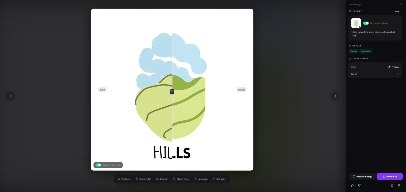 The Sketch to Logo result view with the hills sketch on one side and the generated logo on the other