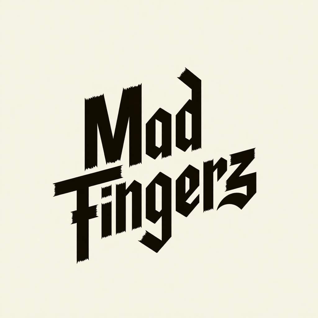 Black slanted lettering with rough cut edges stacking Mad over Fingerz, on cream