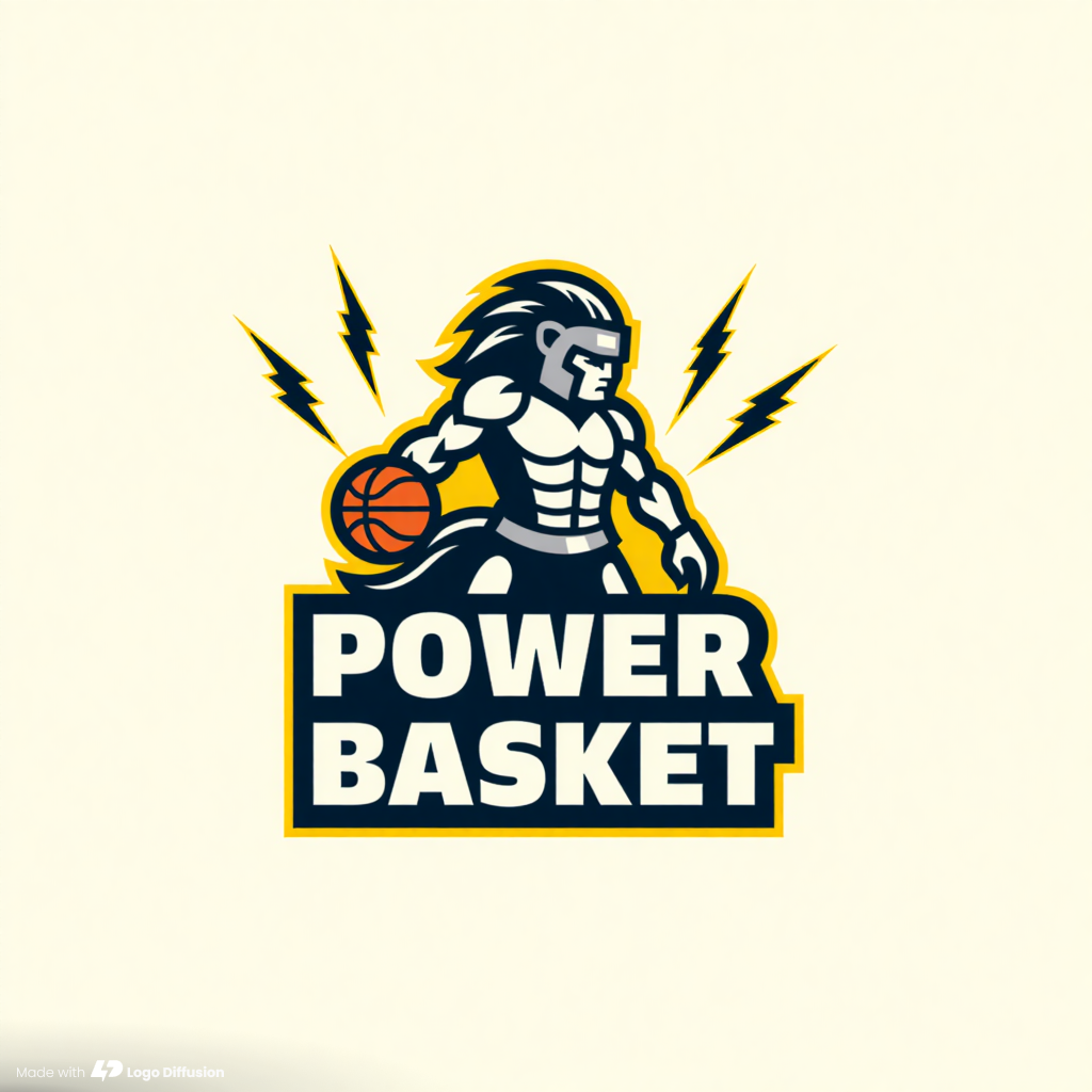 Muscular helmeted warrior with a spiky navy mane dribbling an orange basketball between yellow lightning bolts, above POWER BASKET in cream block capitals on a navy panel with a yellow outline, on cream