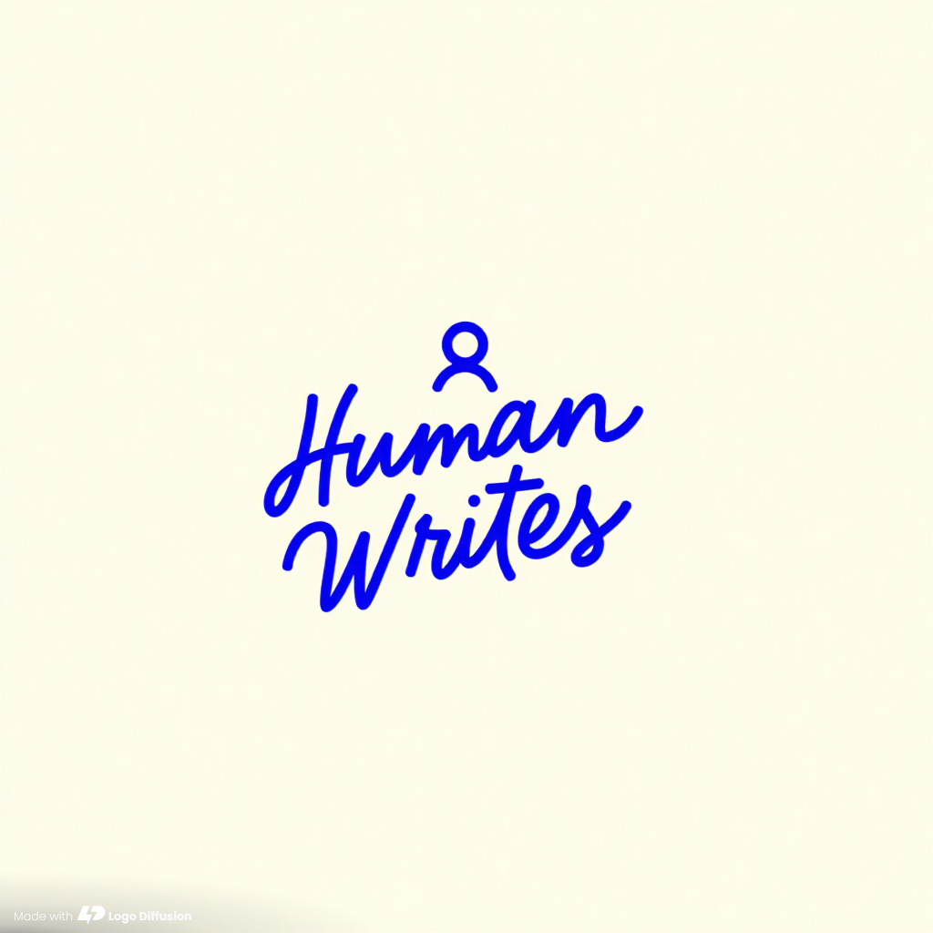 Bright blue handwritten Human Writes in one even stroke, with a small line-drawn person icon above it, on cream