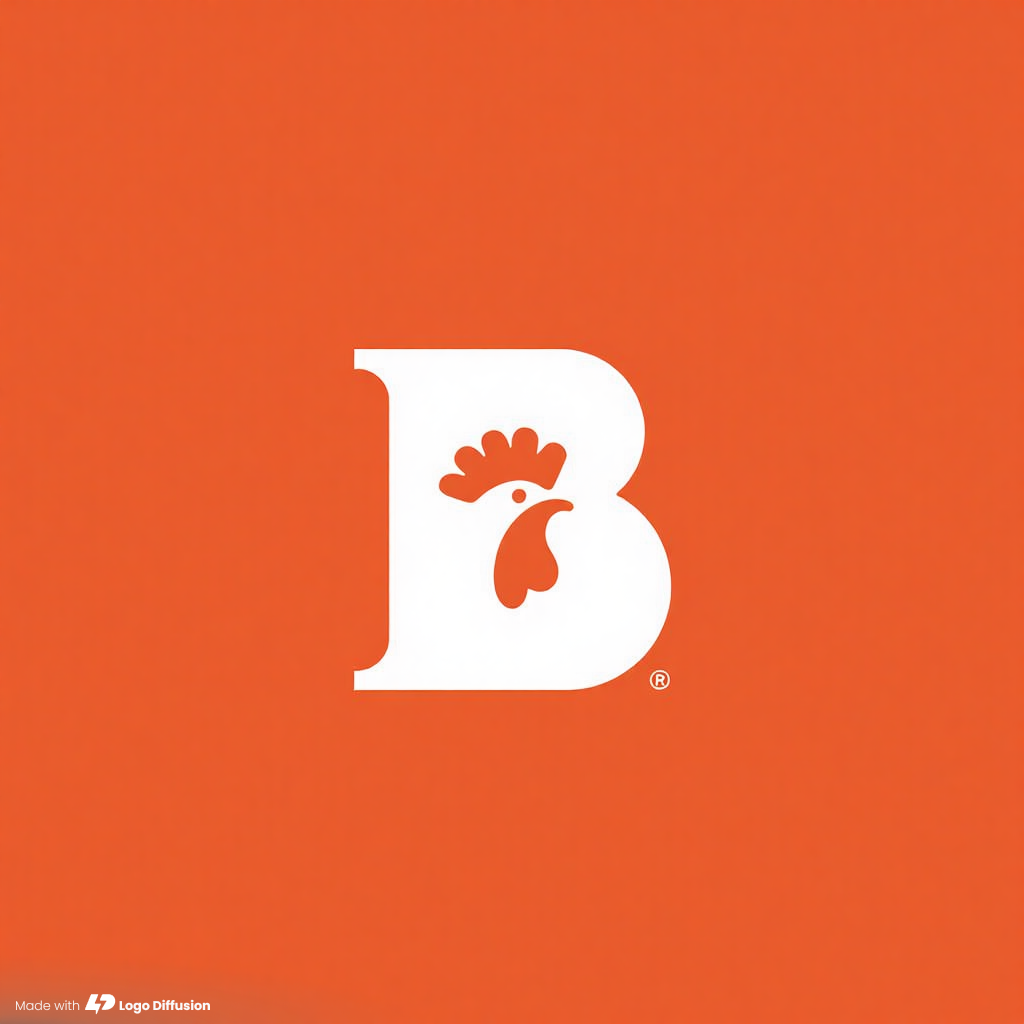 White bold uppercase B on an orange background, with an orange rooster head cut into its upper bowl