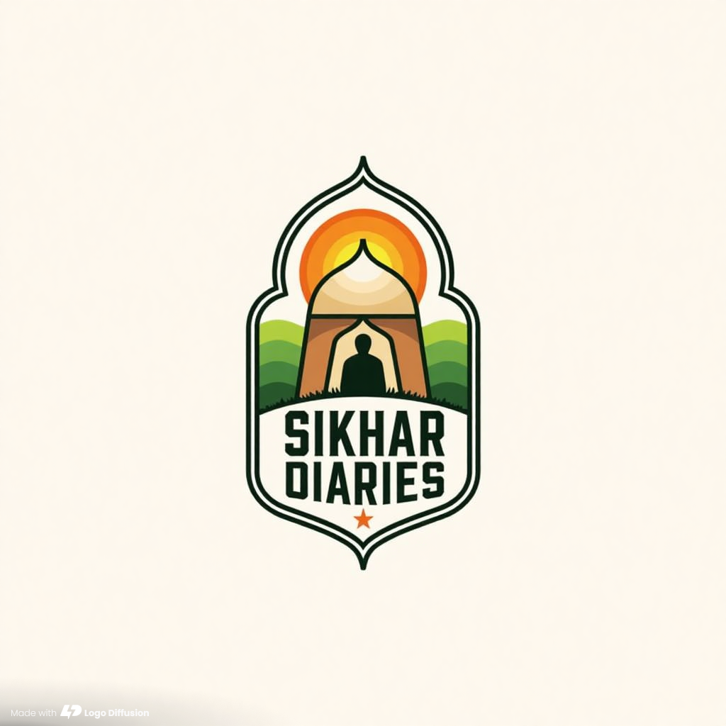 Arched crest with a dark green outline framing an orange sunrise behind a domed hut, a dark figure in the doorway and green hills, above SIKHAR DIARIES in dark green capitals and a small orange star, on cream