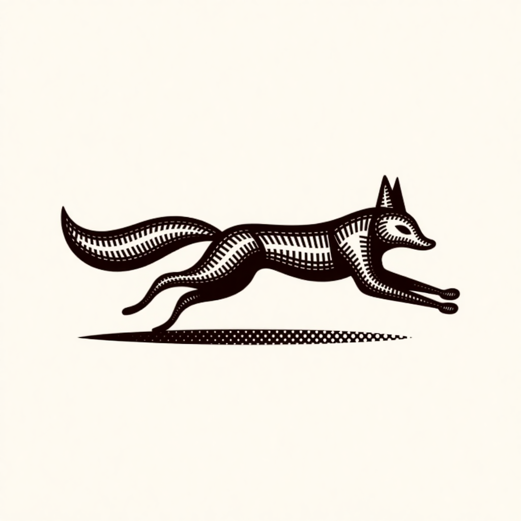 Dark fox running at full stretch with its tail straight out, drawn in dense engraved hatch lines over a halftone shadow, on cream