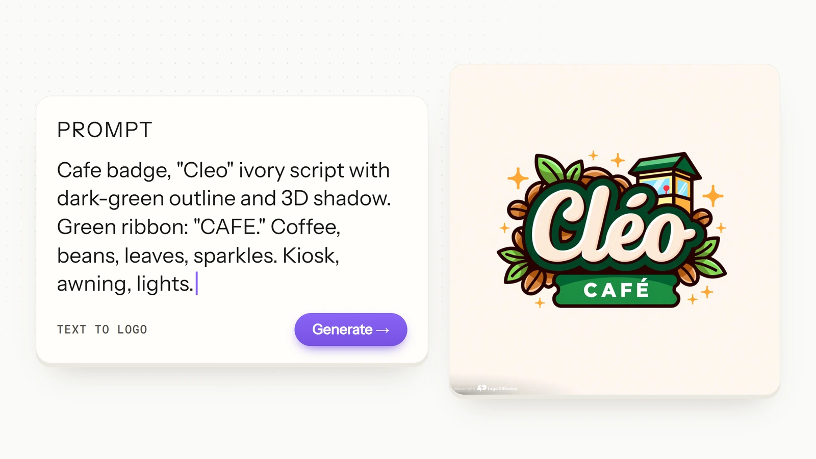 A Text to Logo prompt for a cafe badge named Cleo next to the logo it made: Cleo in ivory script with a dark green outline, a green CAFE ribbon, coffee beans, leaves and a small kiosk with an awning