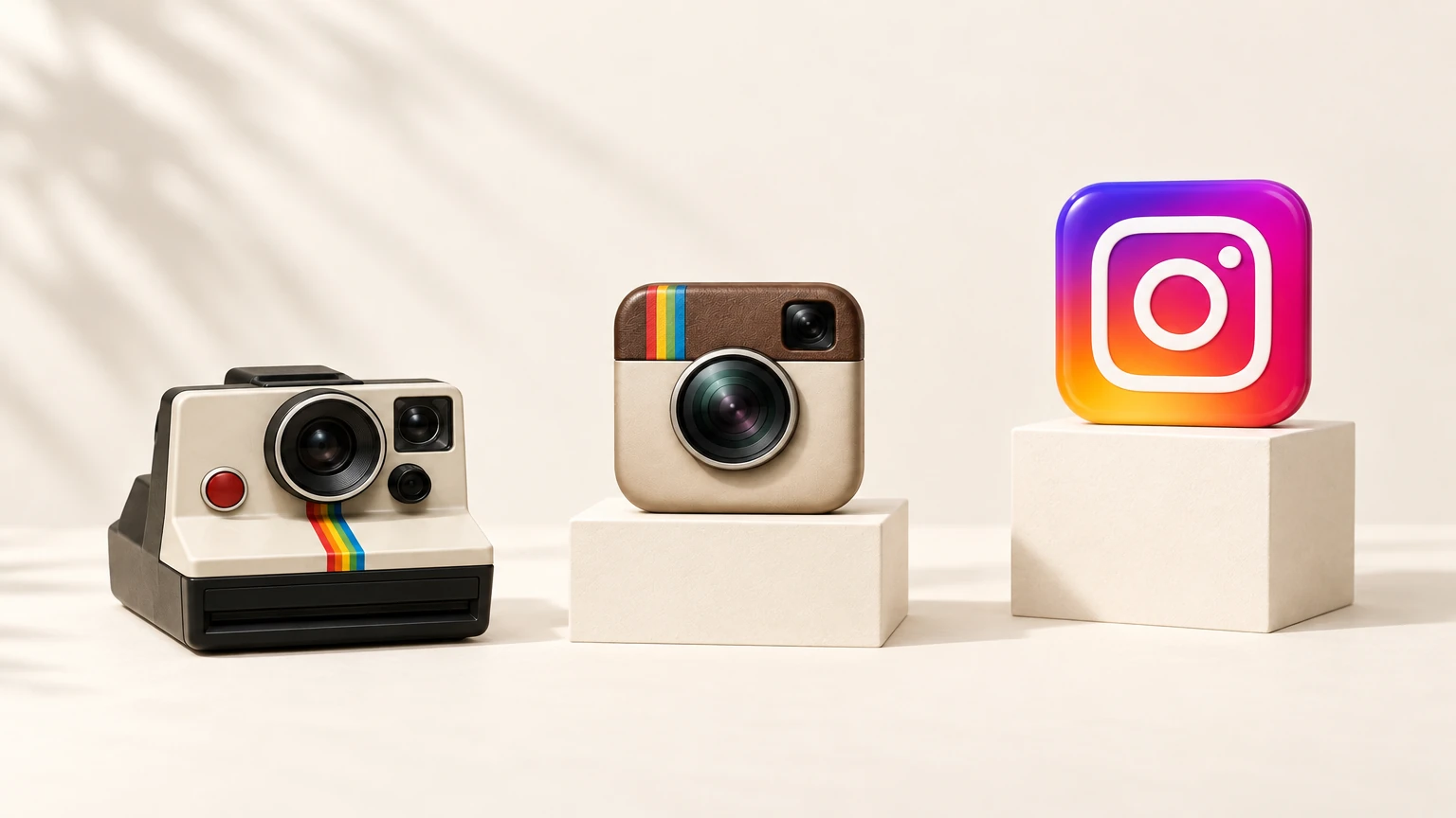 The Polaroid camera, the old Instagram app icon and the current Instagram icon, side by side on paper blocks