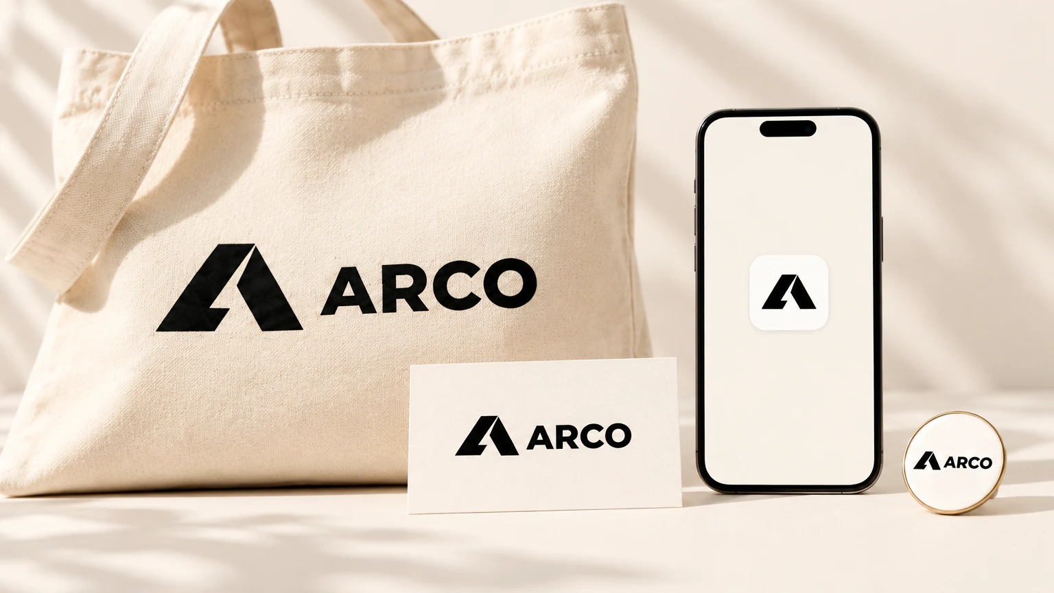 The ARCO logo at four sizes: on a tote bag, a business card, a phone app icon and a pin