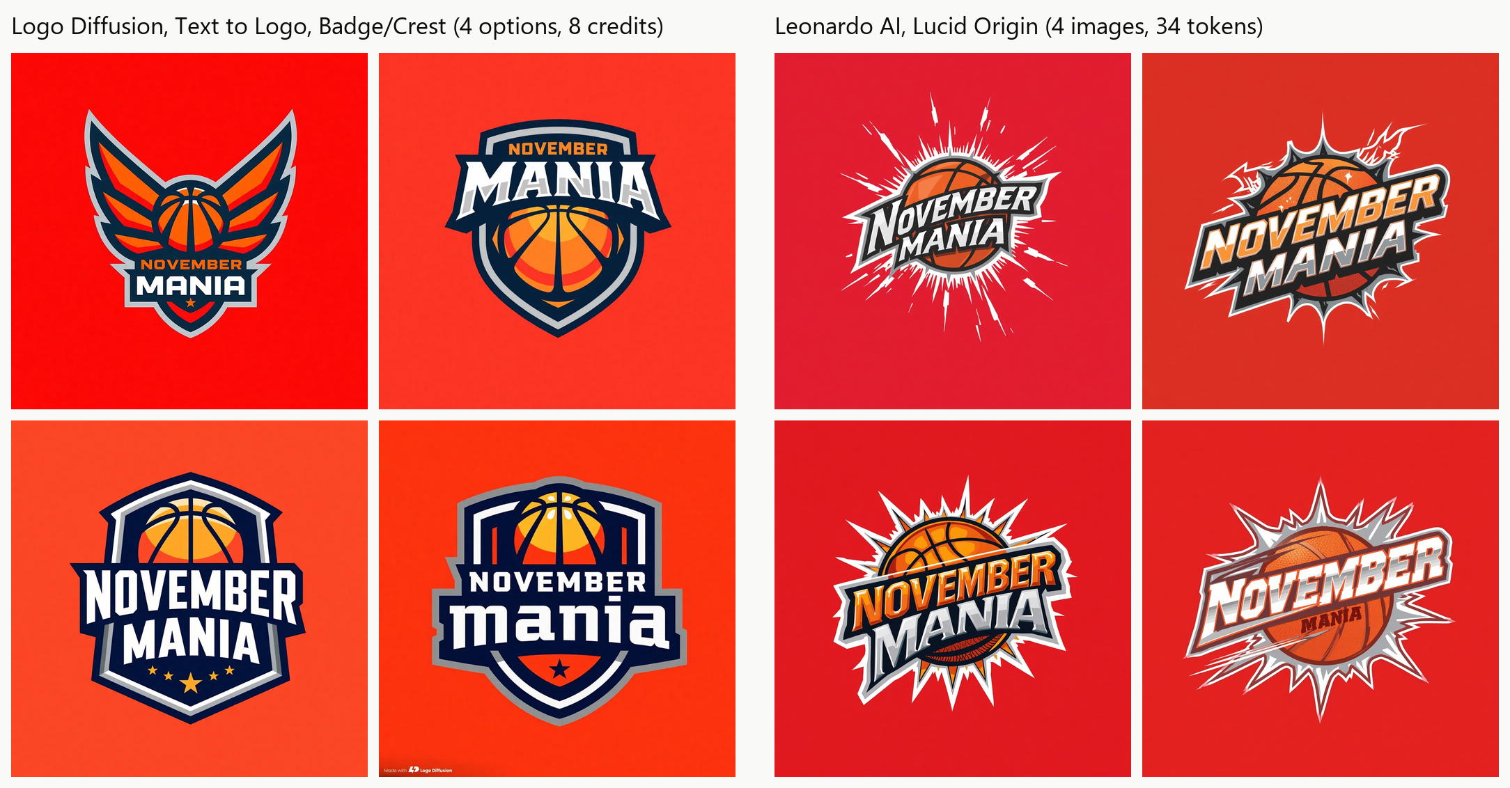 Side by side: four Logo Diffusion badge logos for November Mania on the left, four Leonardo AI illustrations of a bursting basketball with the name in chrome lettering on the right, all on red backgrounds