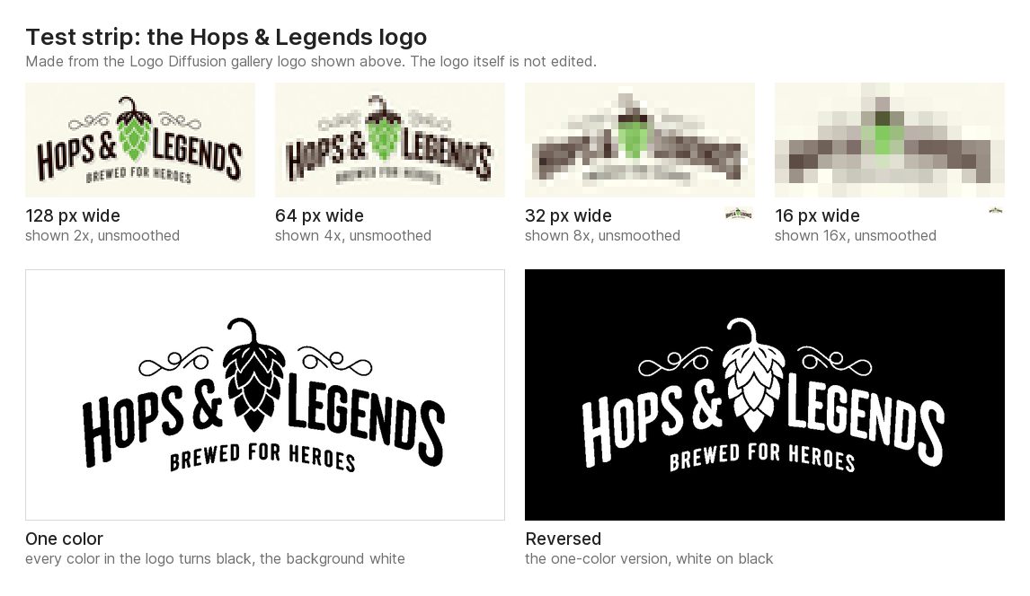 Test strip of the Hops & Legends logo: the logo at 128, 64, 32 and 16 pixels wide, then in one color and reversed, where the hop cone stays whole with its scales apart
