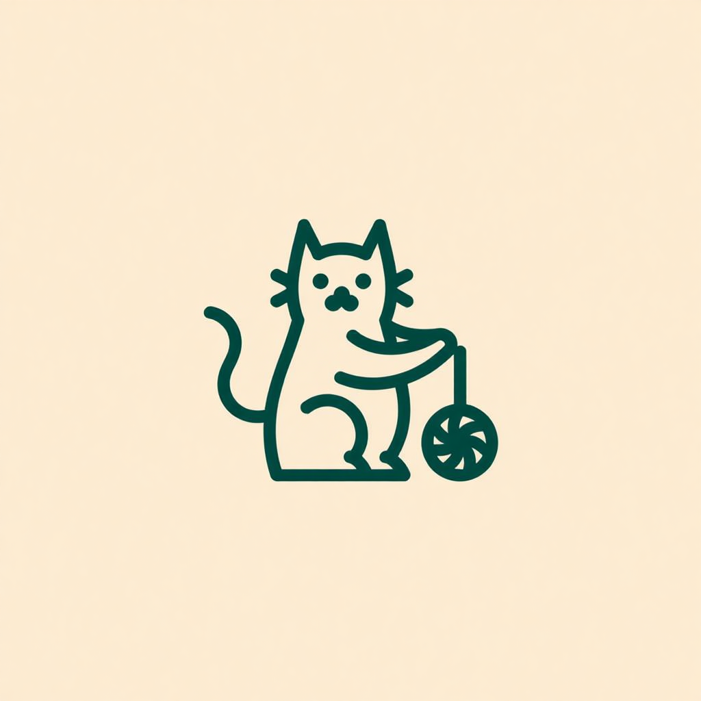 A cat drawn in one dark green line on a peach background, sitting up with a paw on the string of a ball of yarn, the ball drawn as a circle of curved spokes