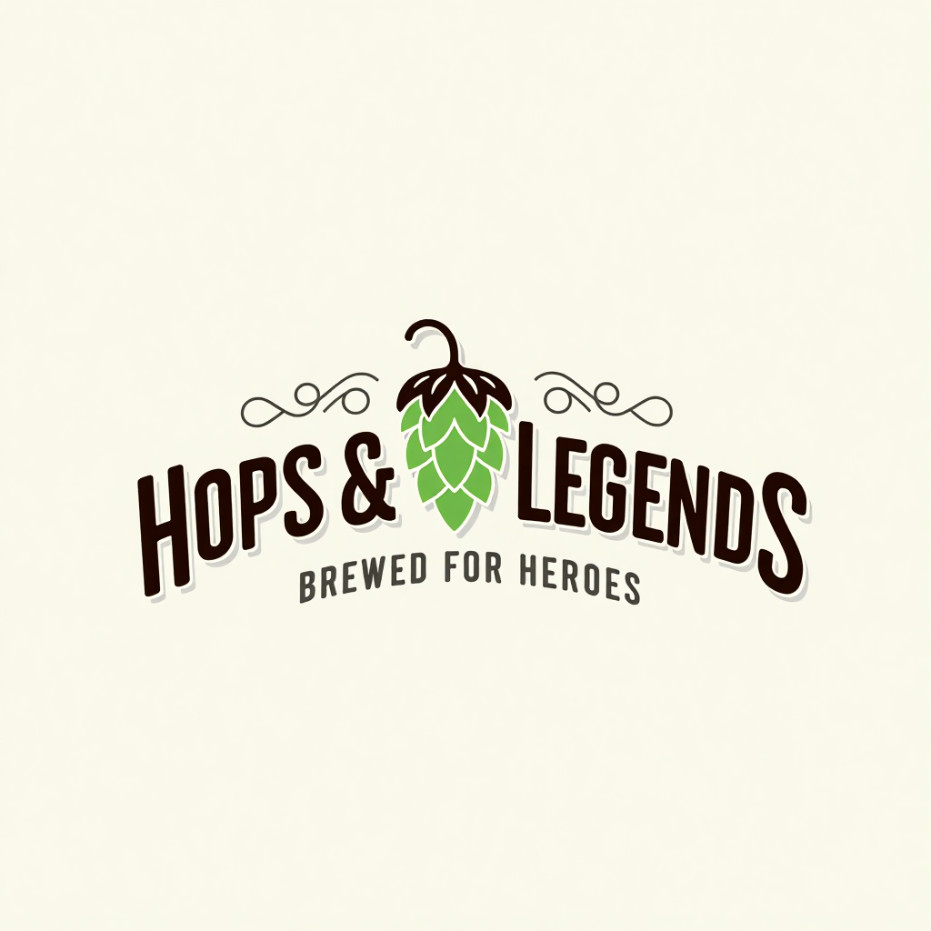 Hops & Legends logo: the name in tall dark brown condensed letters on a slight arch, a green hop cone with a dark brown top between the two words, small curled flourishes above, and the tagline BREWED FOR HEROES in gray capitals below, on cream