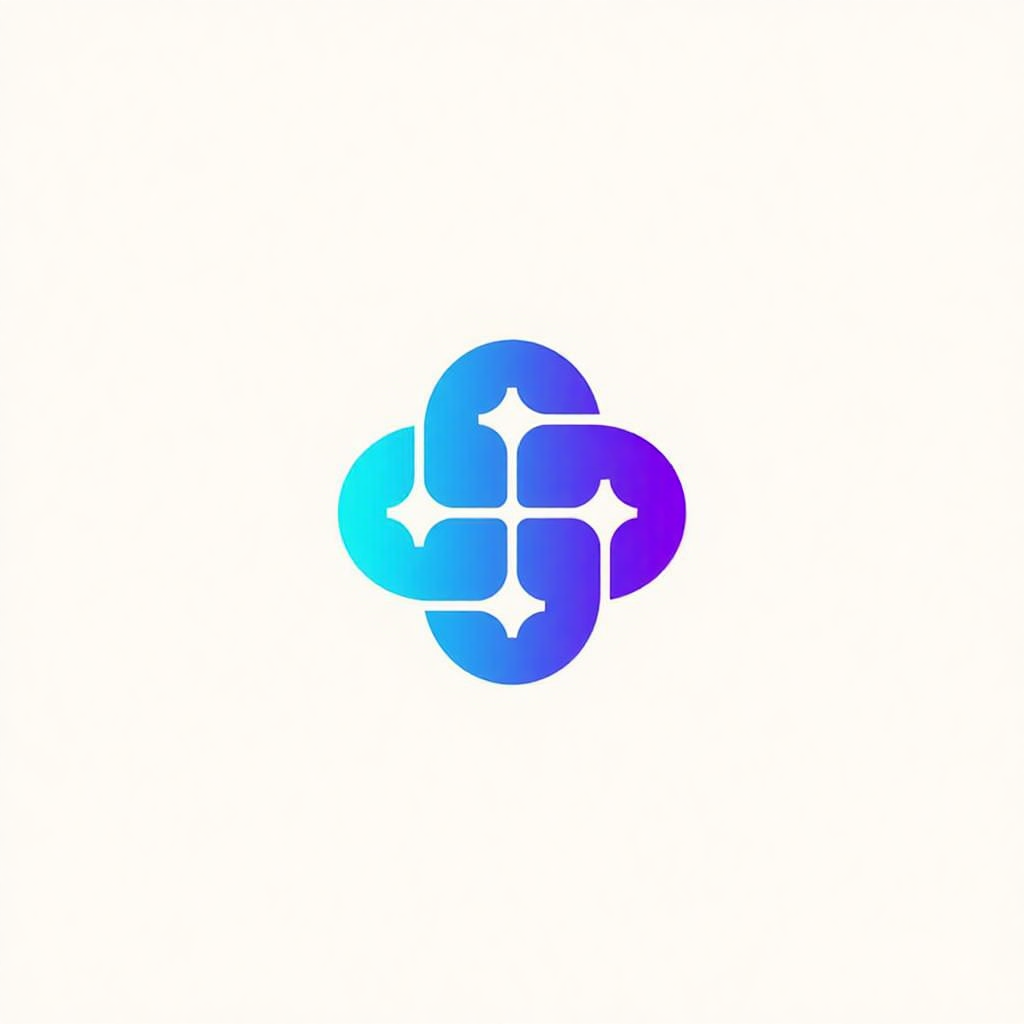 Abstract logo of looped ribbons that blend from cyan on the left to violet on the right, with four-pointed sparkle shapes left in white where the loops cross, on an off-white background