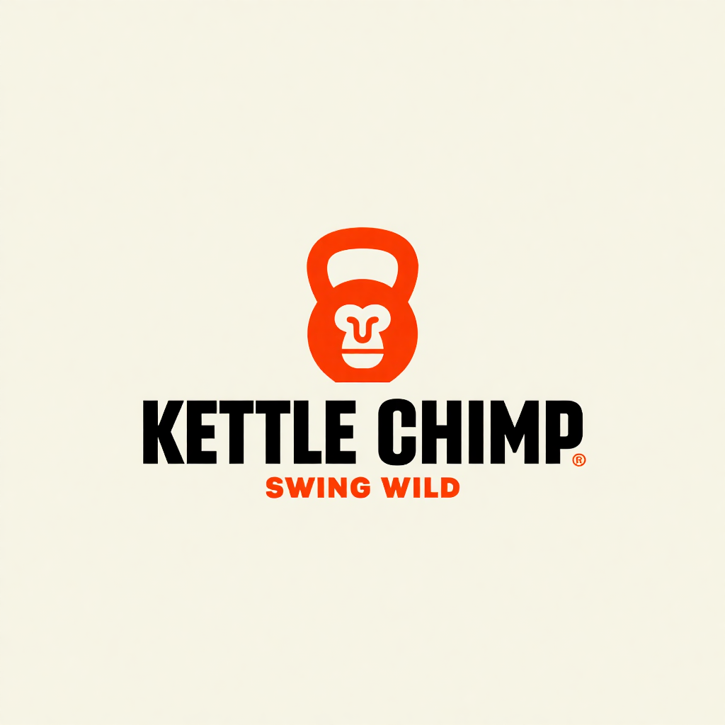 Kettle Chimp logo: an orange kettlebell with a chimp face cut into its body, the words KETTLE CHIMP in heavy black capitals and SWING WILD in orange below, on a cream background