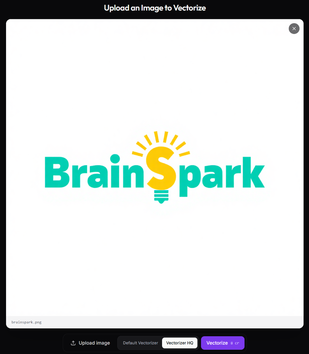 The Vectorize page in Logo Diffusion with the Brain Spark logo uploaded: the word BrainSpark in teal with a yellow light bulb forming the S, before conversion
