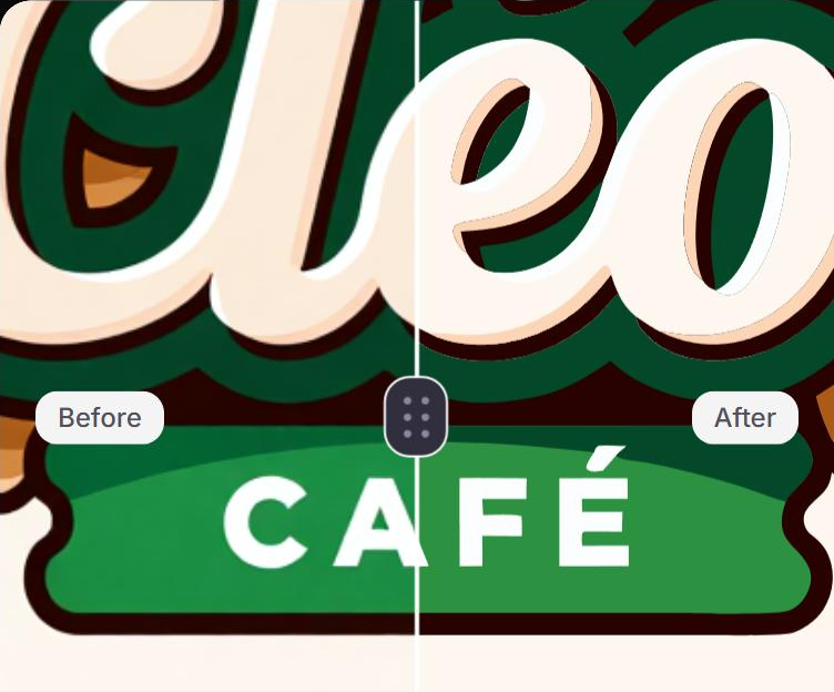 The Cléo cafe logo in the Logo Diffusion vectorizer, zoomed in on the CAFÉ ribbon with the divider between the A and the F: the Before side, the PNG, has soft edges and the After side, the SVG, has sharp ones