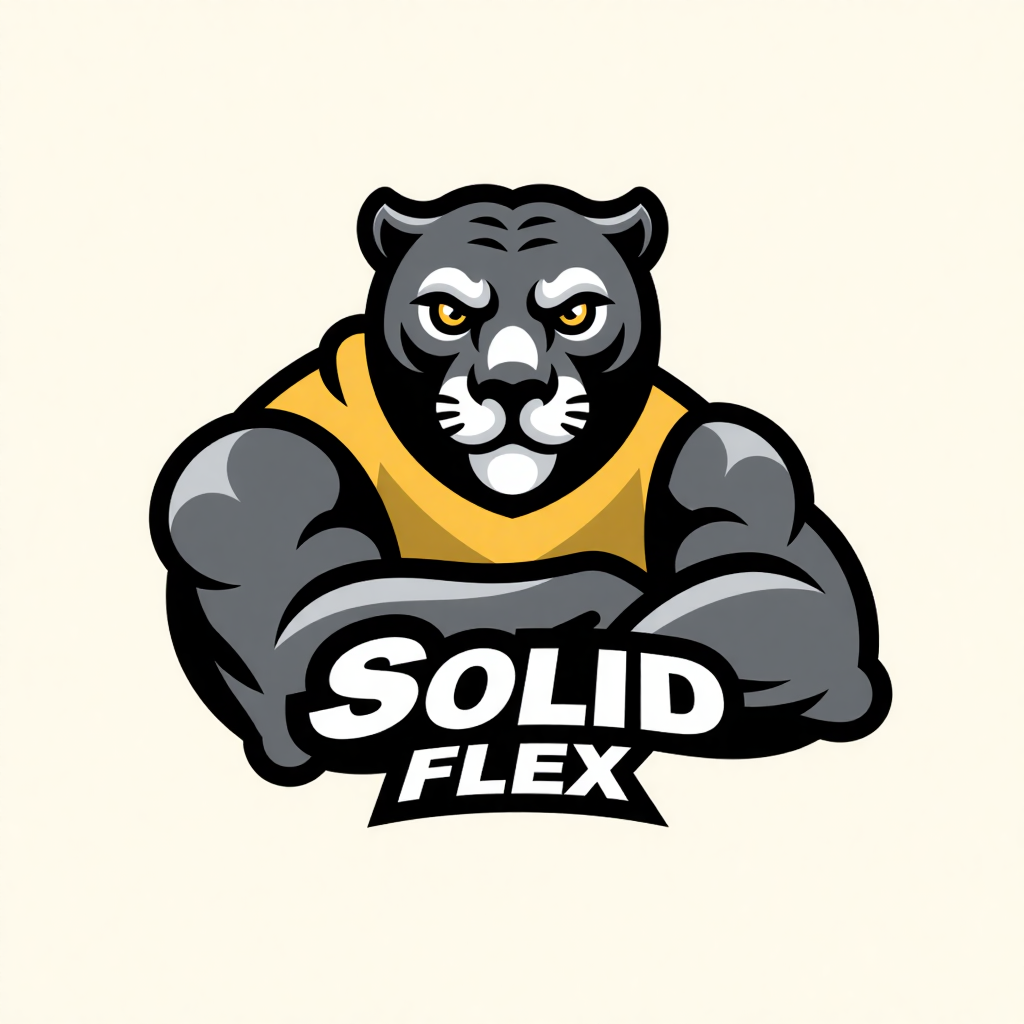 Solid Flex mascot logo on cream: a gray panther in a yellow tank top looking straight ahead, its folded arms resting on the name SOLID FLEX in heavy white italic capitals with a black outline