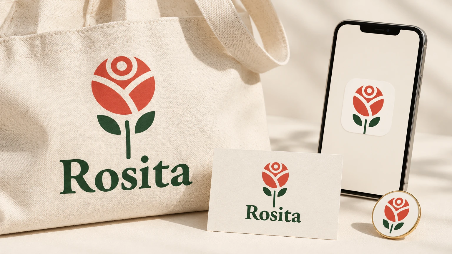 The Rosita logo at four sizes: on a tote bag and a business card, and the rose alone as a phone app icon and a pin