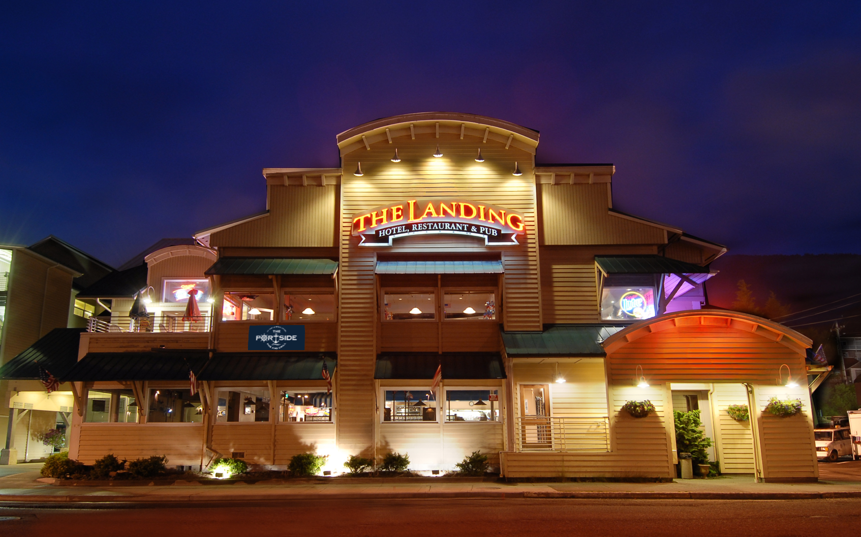 The inviting glow of our clubhouse and lobby at night.
