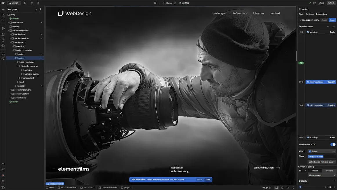 Webflow-Projekt im Designer: moderne Schweizer Website mit wartungsfreiem Setup