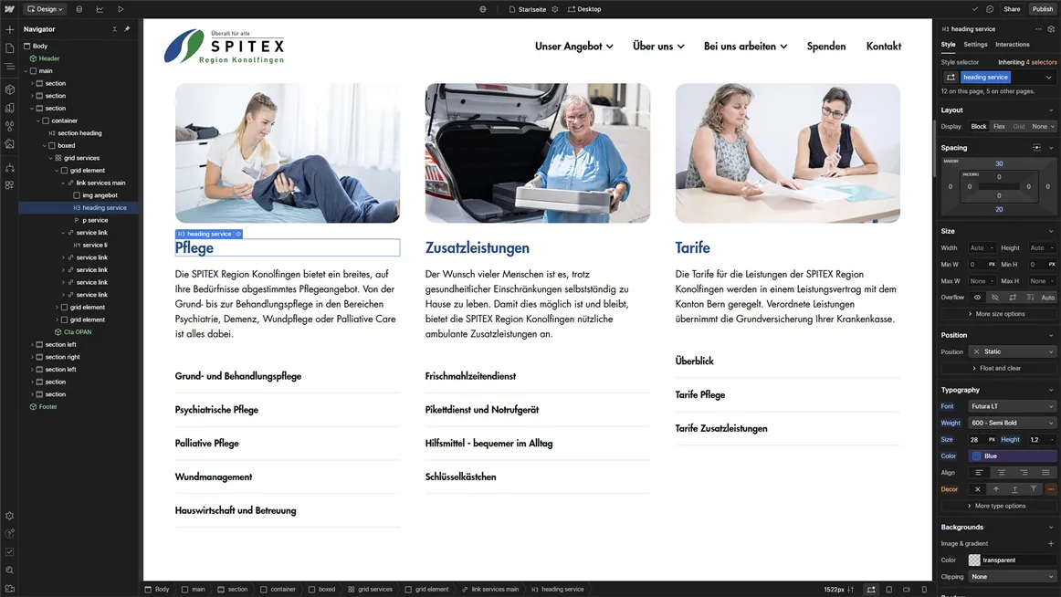 Webflow Projekt für Spitex: modernes Design ohne zusätzliche Plugin-Kosten
