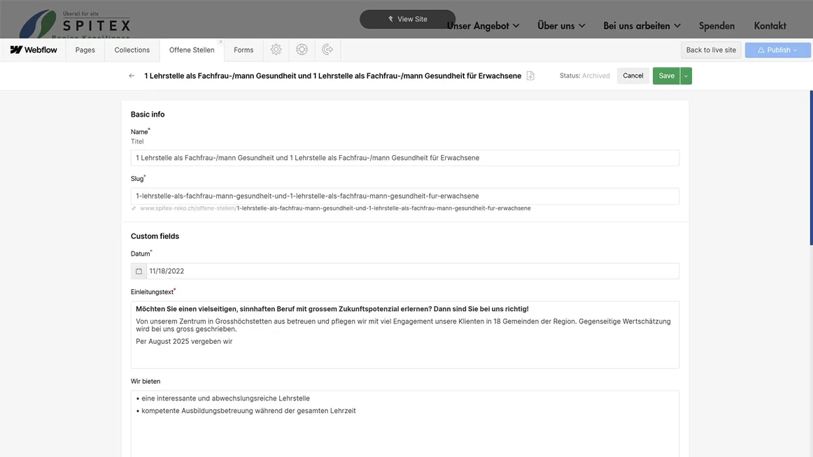 Webflow CMS Oberfläche für Redakteure – einfache Eingabemaske für Inhalte