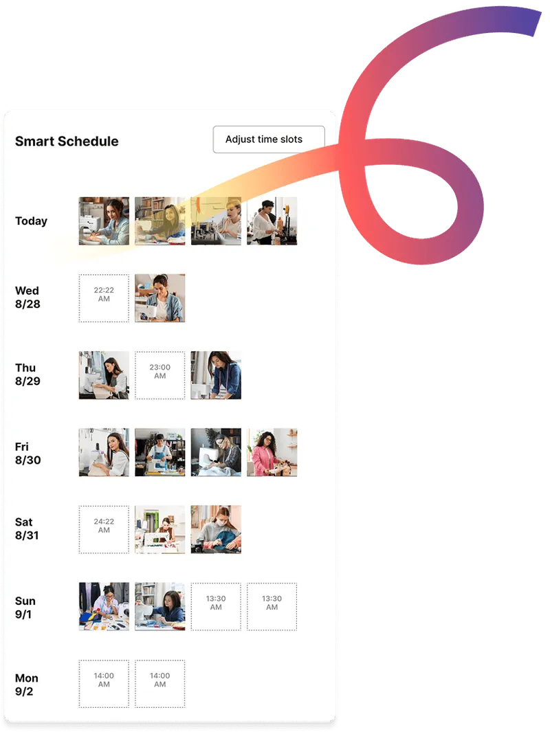 Tailwind user interface showing SmartSchedule timeline with upcoming Pins in time slots.