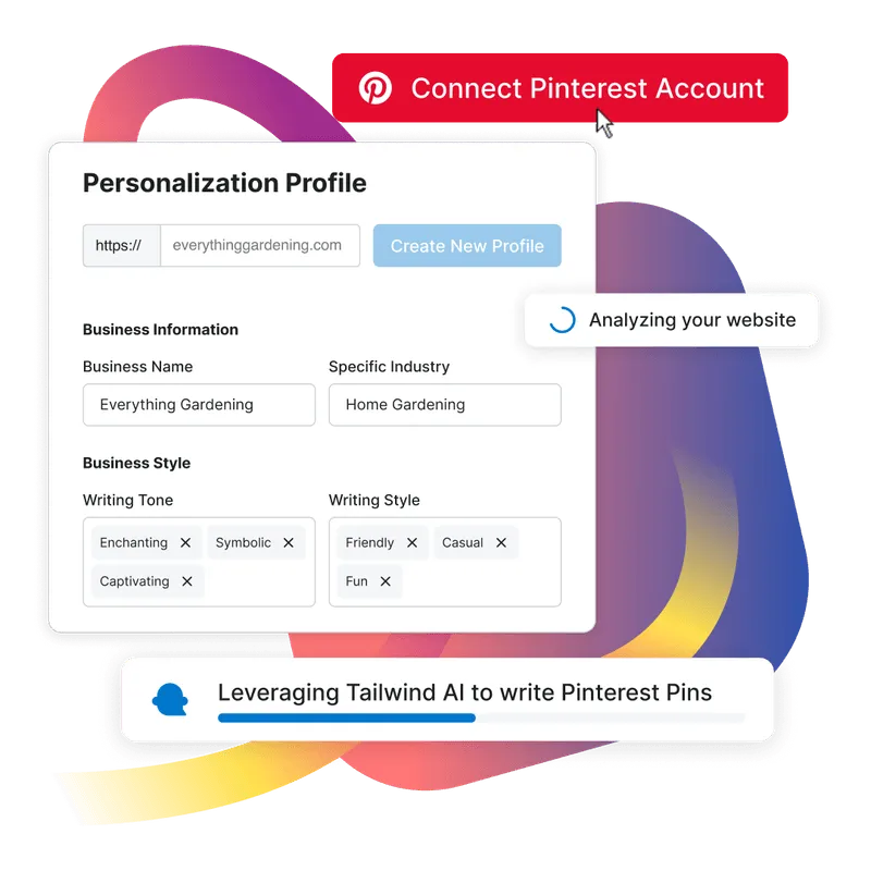 User interface image showing a button to connect a Pinterest account to Tailwind and personalization settings.