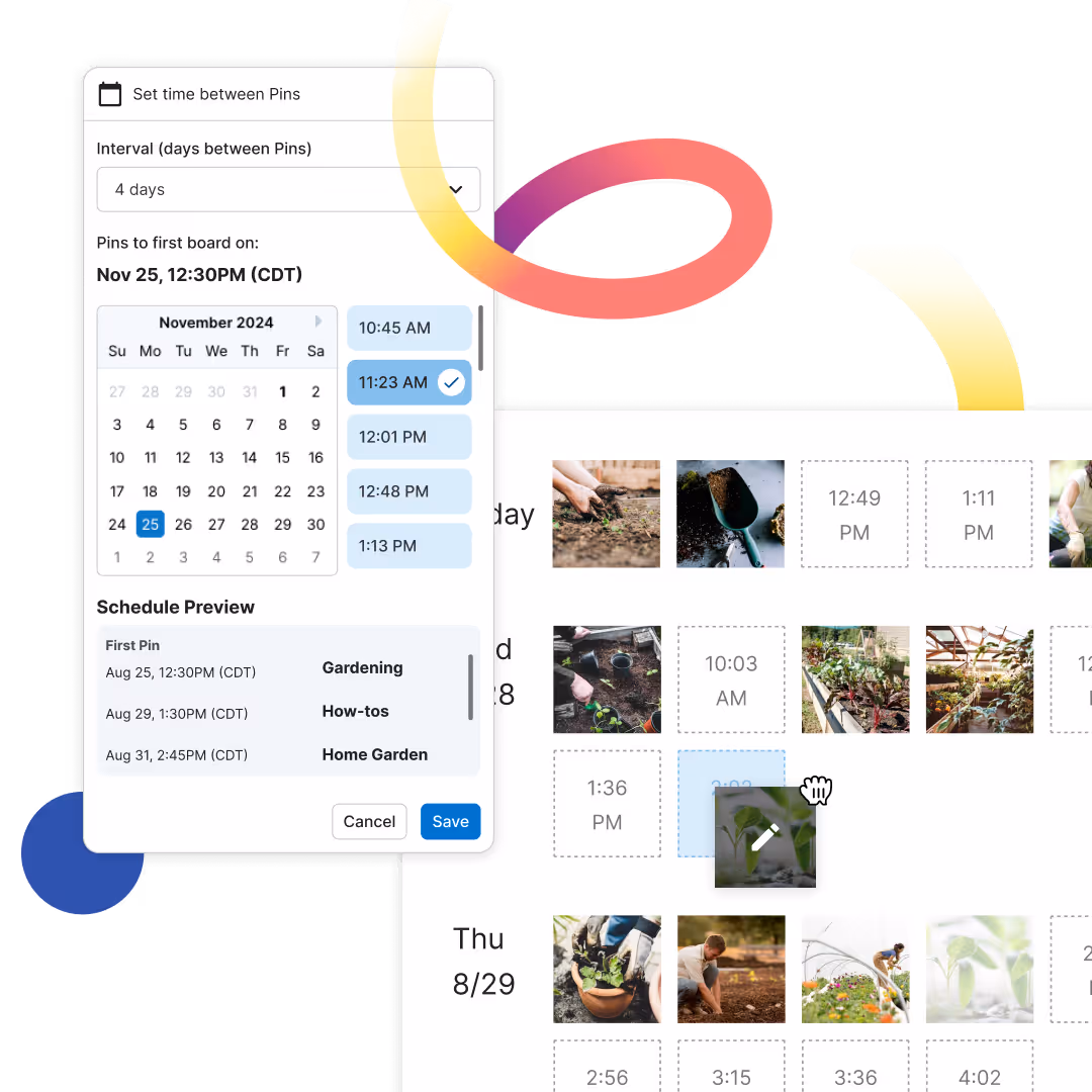 Pinterest scheduling user interface showing time slots for Pins.