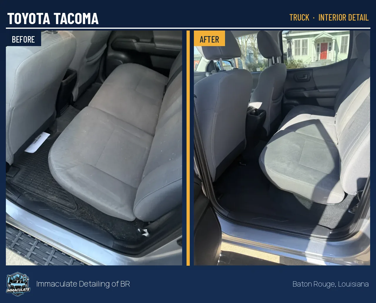 Toyota Tacoma rear seats before and after deep extraction cleaning by a mobile detailer in Baton Rouge