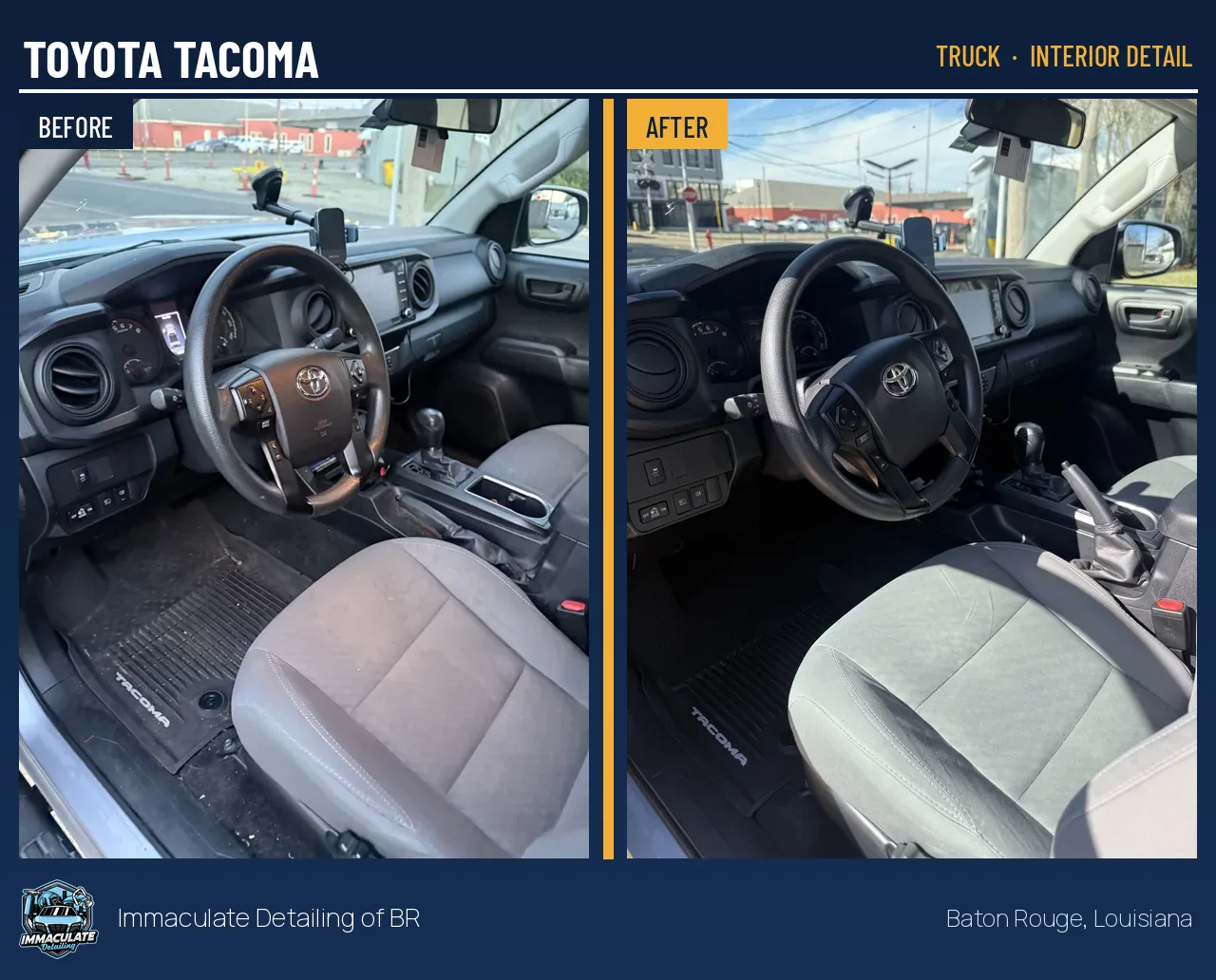 Toyota Tacoma interior before and after a professional interior detail in Baton Rouge, Louisiana