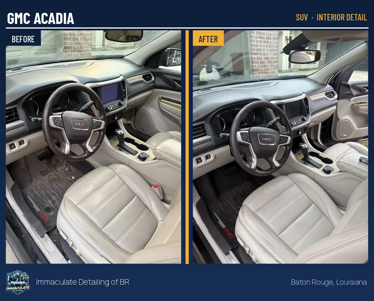 GMC Acadia light leather interior before and after an SUV interior detail in Baton Rouge, Louisiana