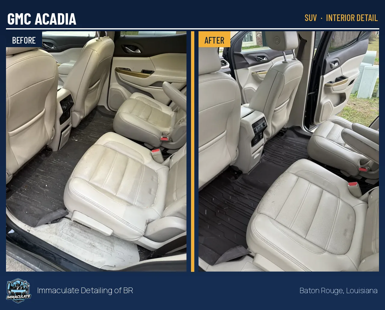 GMC Acadia rear seats and cargo area before and after an SUV interior detail near Baton Rouge