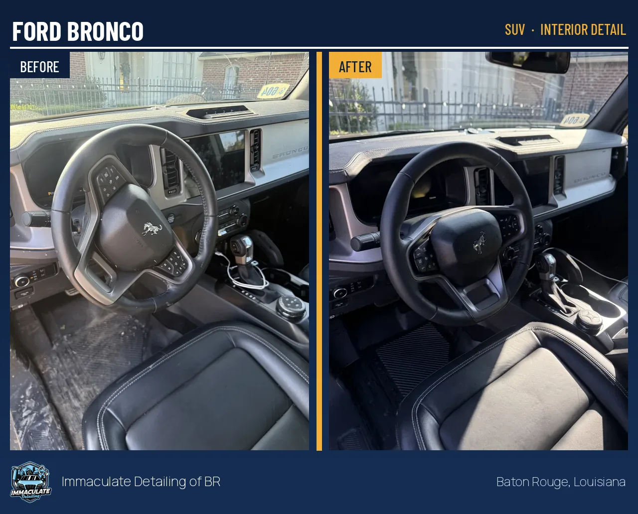 Ford Bronco interior before and after mud and trail grit removal by a mobile detailer in Baton Rouge