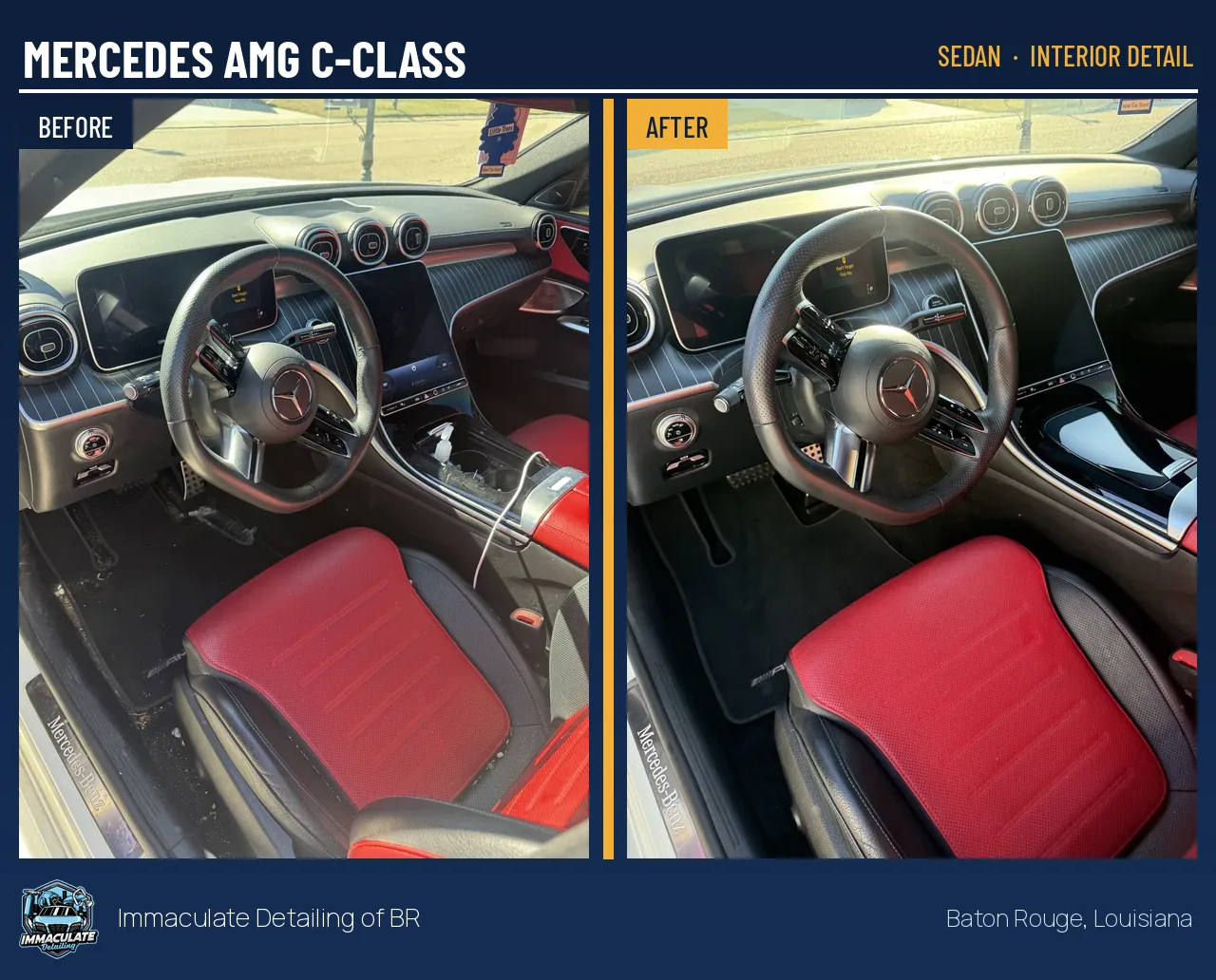 Mercedes AMG C-Class red leather interior before and after a sedan interior detail in Baton Rouge, Louisiana