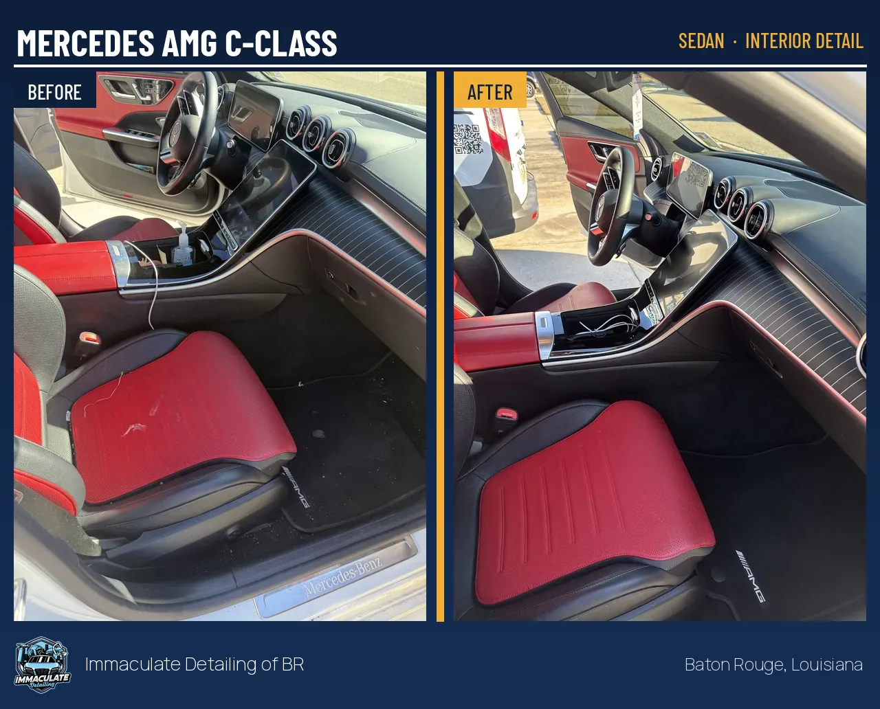 Mercedes AMG C-Class passenger side before and after a professional interior detail in Baton Rouge