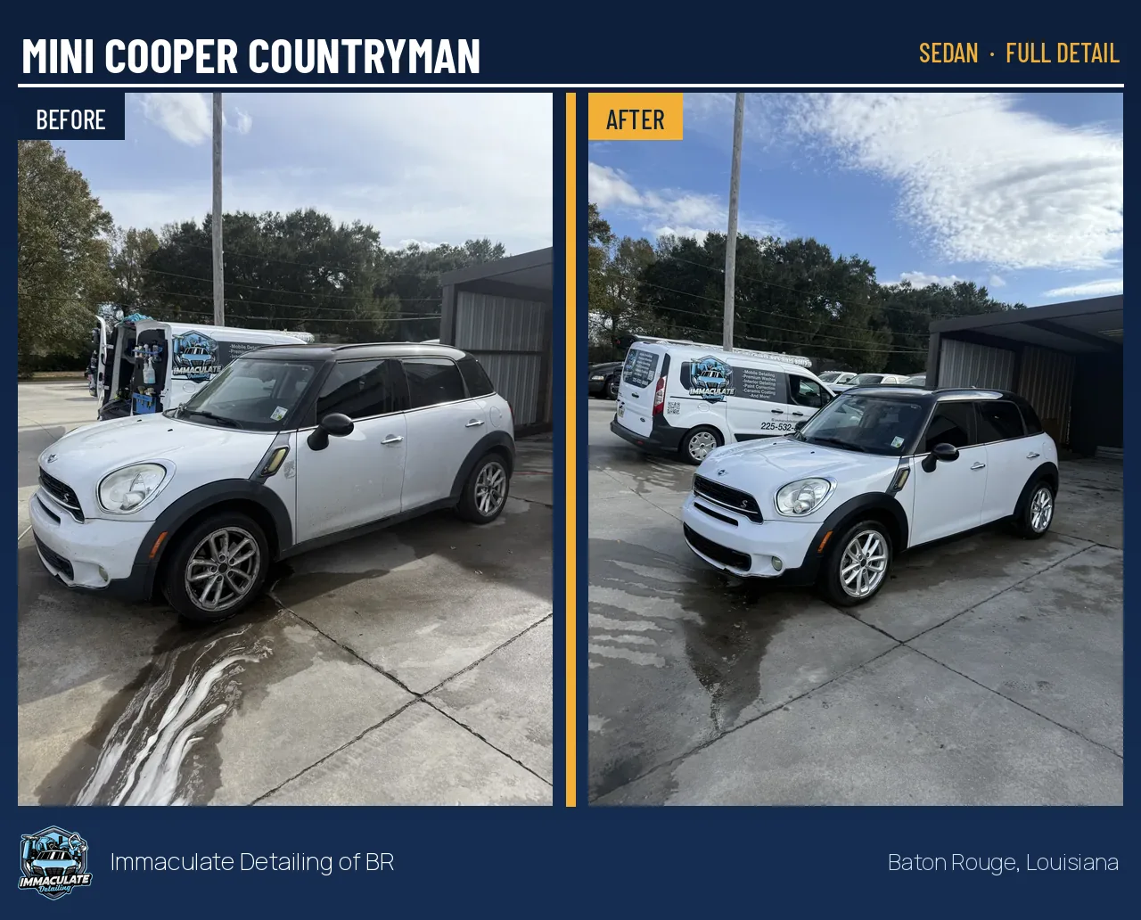 White Mini Cooper Countryman before and after a full exterior polish and sealant in Baton Rouge
