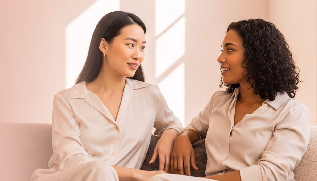 Two women sitting on a couch, engaged in a friendly conversation indoors with soft natural light.