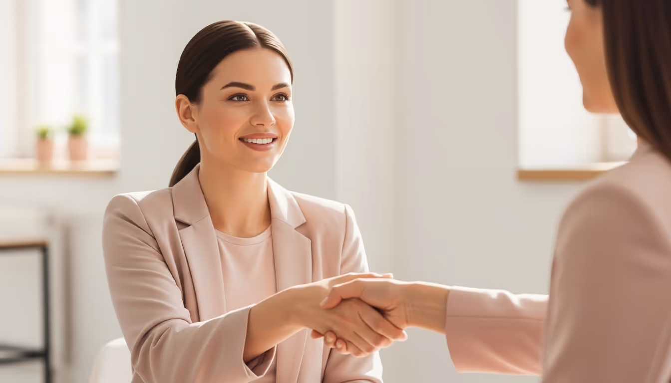 Two professional women in beige blazers shaking hands in a bright office, smiling.