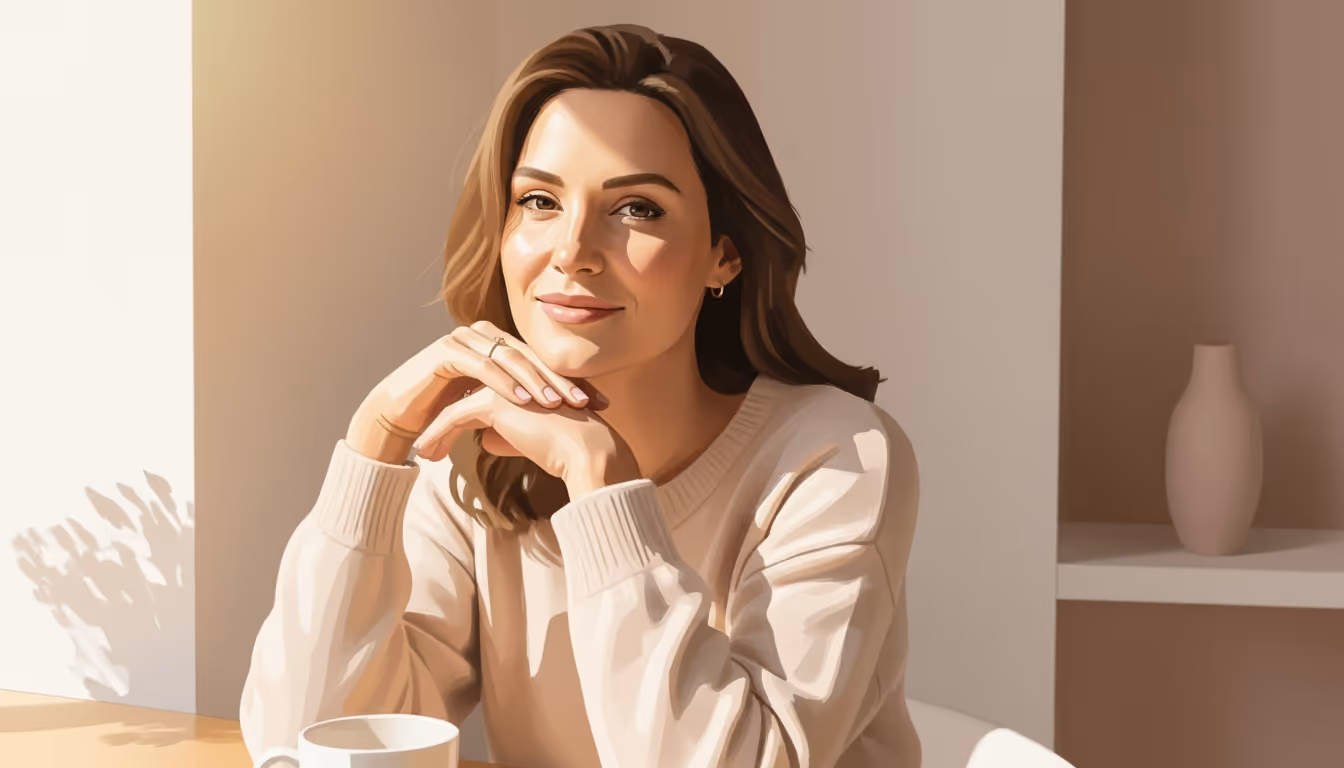 Young woman with brown hair resting her chin on her hands, sitting at a table with a white cup, in soft natural light.