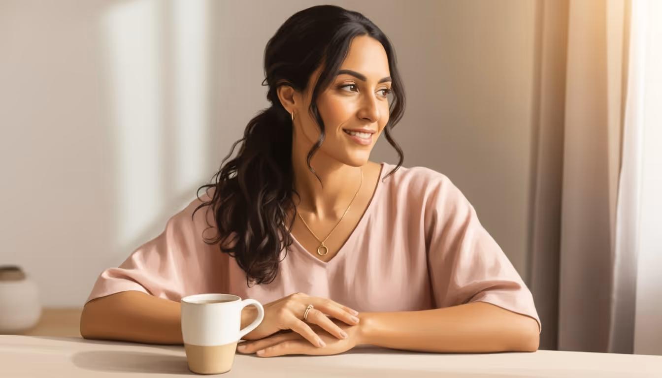 Smiling woman with dark hair in a pink shirt sitting at a table with a coffee mug, looking to the side.