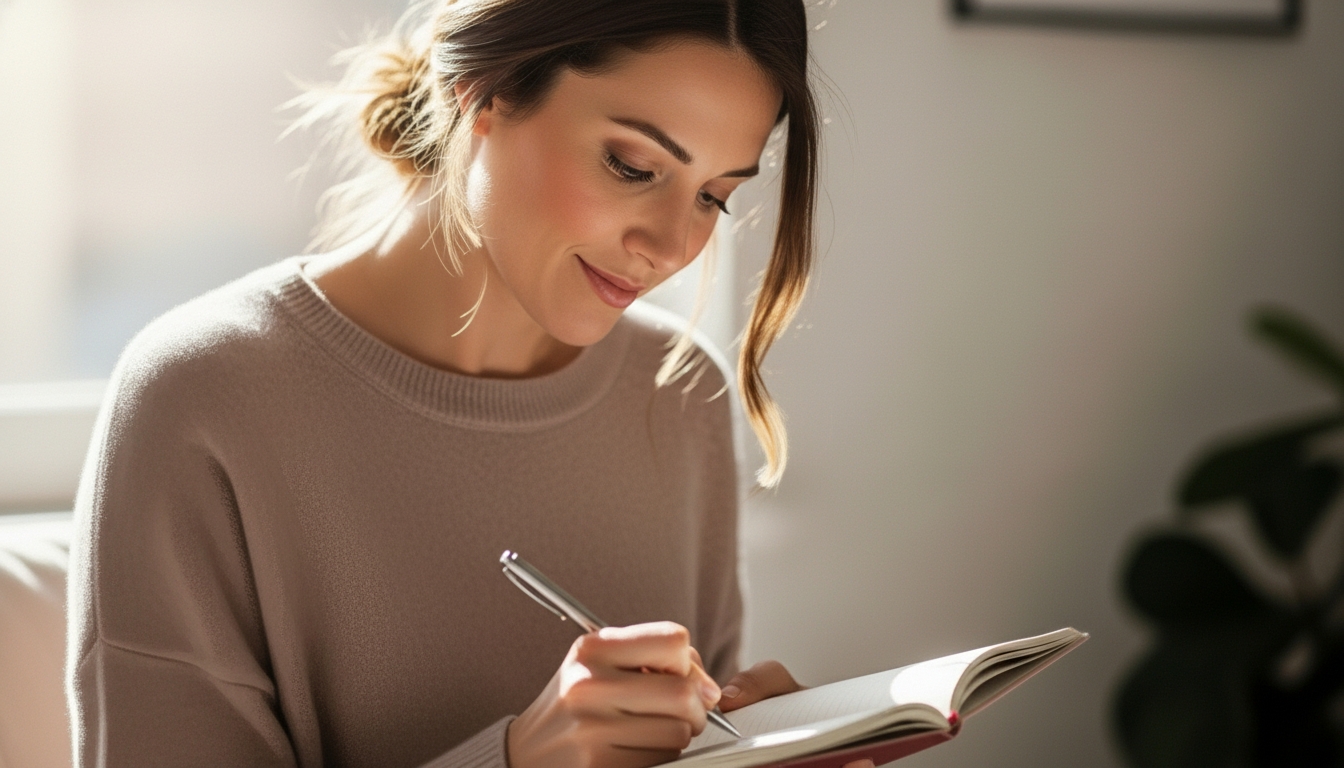 Woman with light brown hair in a bun writing in an open notebook with a pen while sitting indoors in soft natural light.