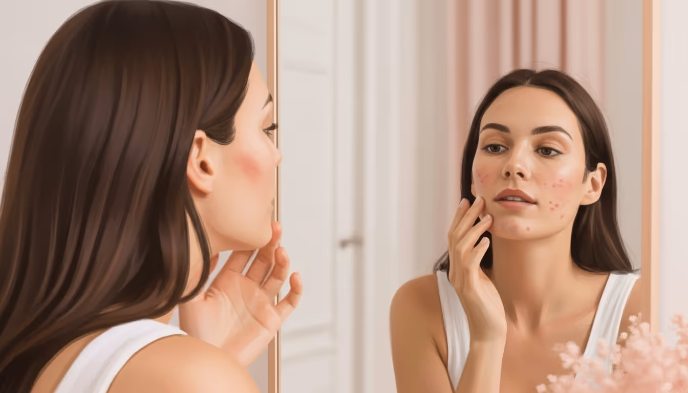 Young woman with dark hair examining acne on her face in a bathroom mirror.