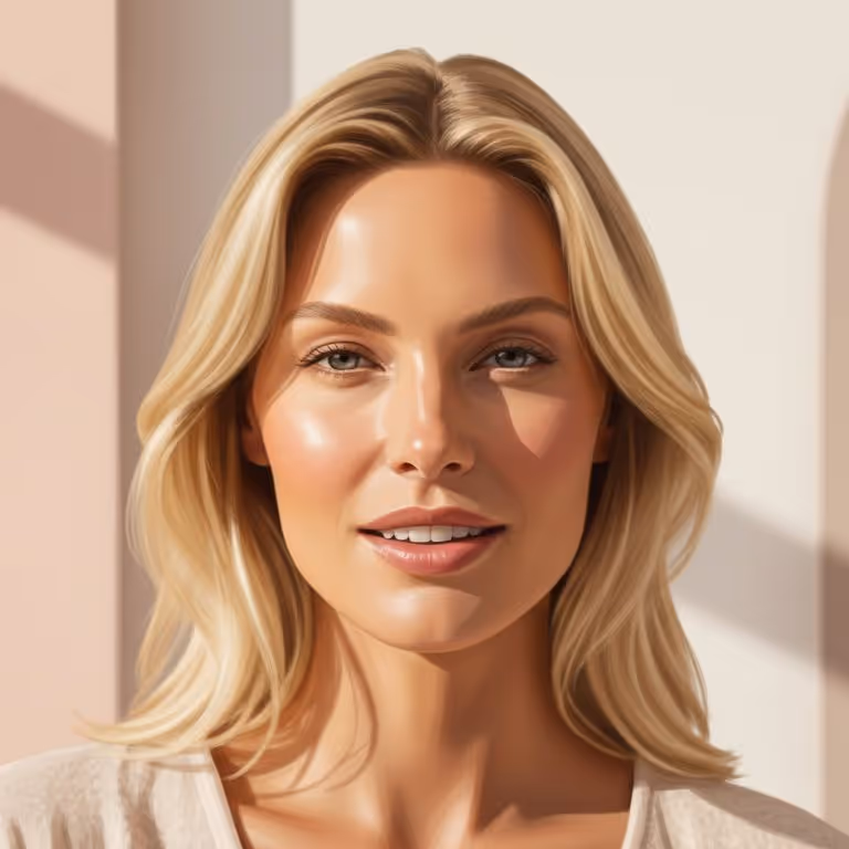 Blonde woman with clear skin and light makeup smiling softly against a neutral background.