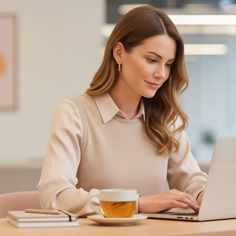 Young woman with wavy brown hair working on a laptop at a table with a cup of tea and notebooks.
