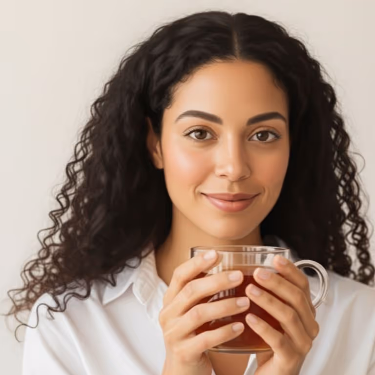 Smiling woman with curly dark hair holding a glass cup of tea.