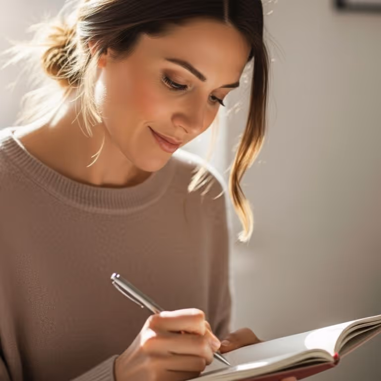 Woman with light brown hair in a beige sweater writing in a notebook with a silver pen.