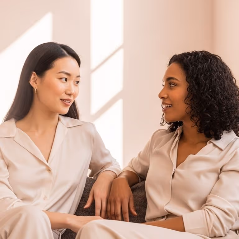 Two women sitting on a couch, facing each other and engaged in conversation in a softly lit room.